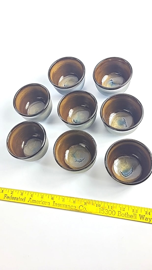 Set of 8 Glazed John Dunlap Stoneware Cups, Brown Interior and Gray Exterior - 5