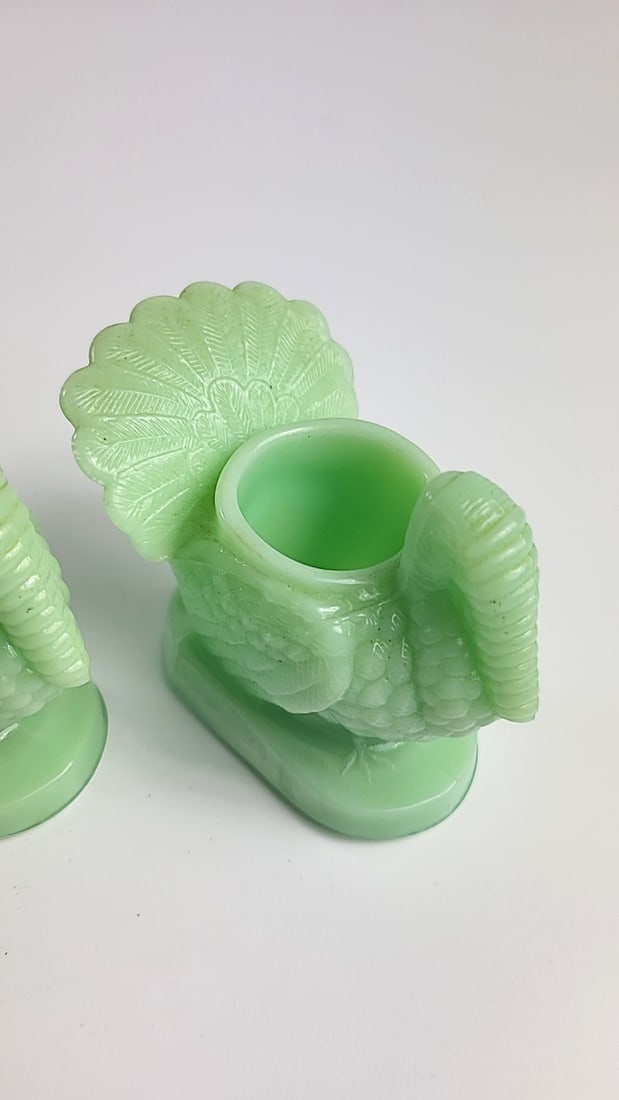 Pair Jadeite Green Milk Glass Turkey Toothpick Holders - 2