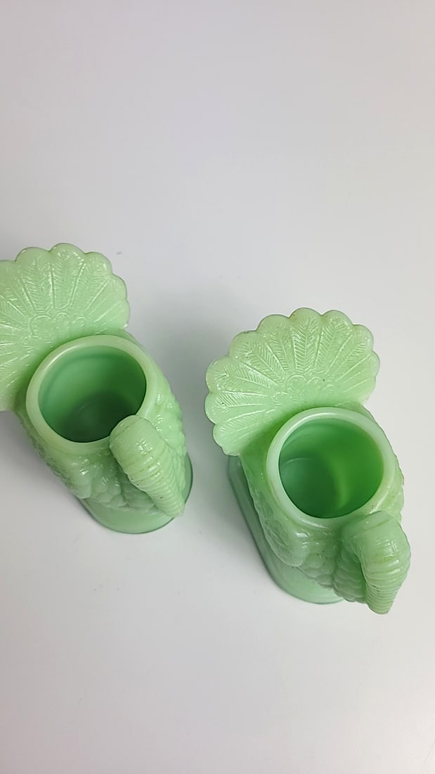 Pair Jadeite Green Milk Glass Turkey Toothpick Holders - 3