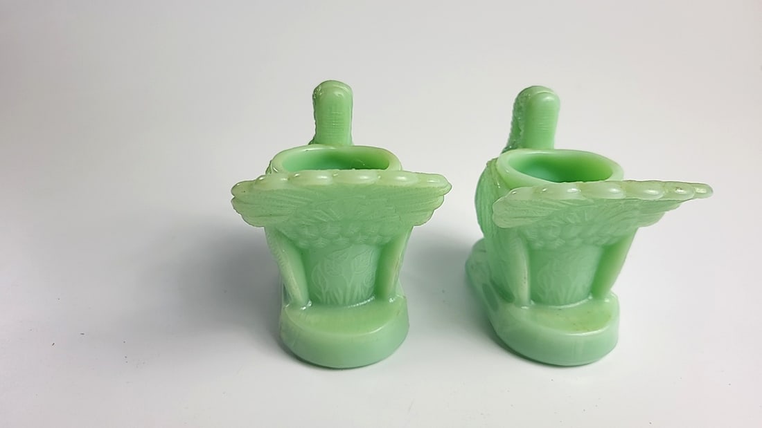 Pair Jadeite Green Milk Glass Turkey Toothpick Holders - 4