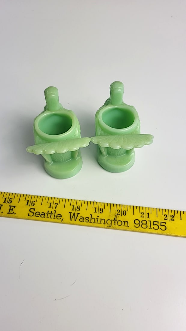 Pair Jadeite Green Milk Glass Turkey Toothpick Holders - 5