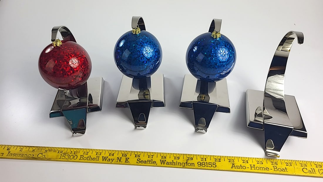 Crate & Barrel 367-527 Ornament Stocking Hooks Red & Blue Glitter Set of 4 - 2