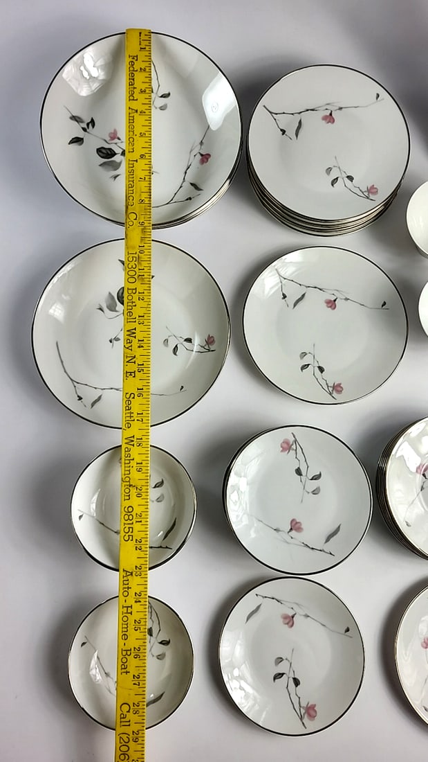 Rosenthal Germany Porcelain Dinnerware Coffee Service For 8 Set Pink Floral Branch Platinum Trim - 3