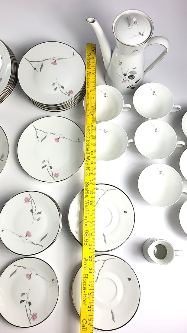 Rosenthal Germany Porcelain Dinnerware Coffee Service For 8 Set Pink Floral Branch Platinum Trim - 4