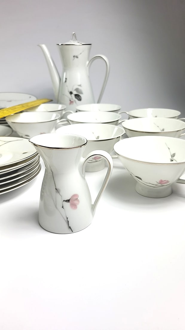 Rosenthal Germany Porcelain Dinnerware Coffee Service For 8 Set Pink Floral Branch Platinum Trim - 5