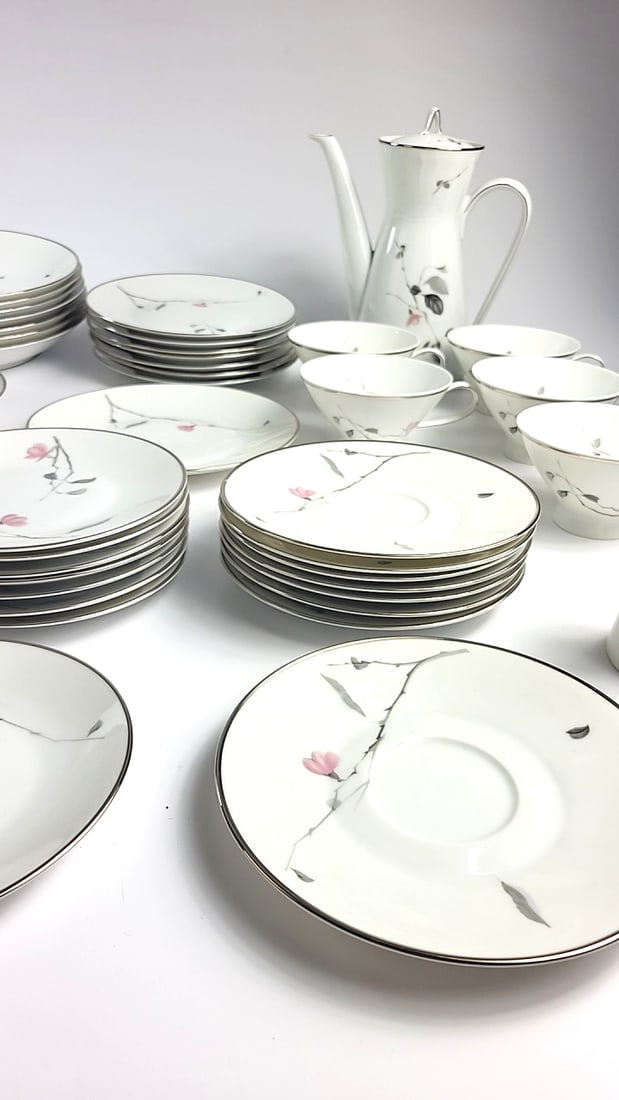 Rosenthal Germany Porcelain Dinnerware Coffee Service For 8 Set Pink Floral Branch Platinum Trim - 6