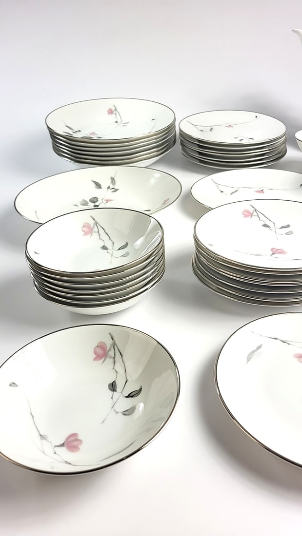 Rosenthal Germany Porcelain Dinnerware Coffee Service For 8 Set Pink Floral Branch Platinum Trim - 7