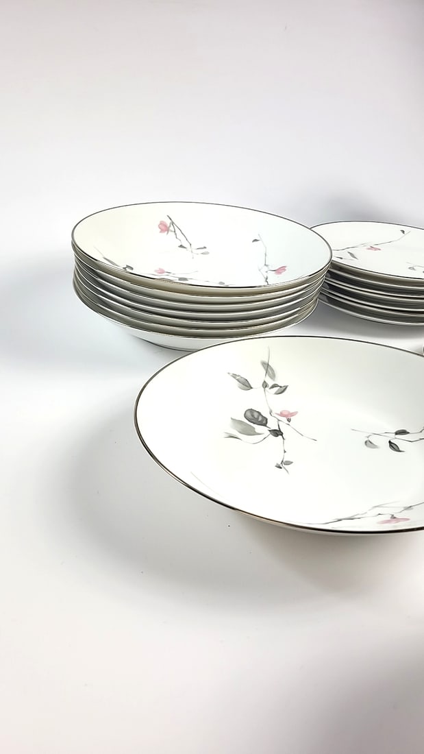 Rosenthal Germany Porcelain Dinnerware Coffee Service For 8 Set Pink Floral Branch Platinum Trim - 8