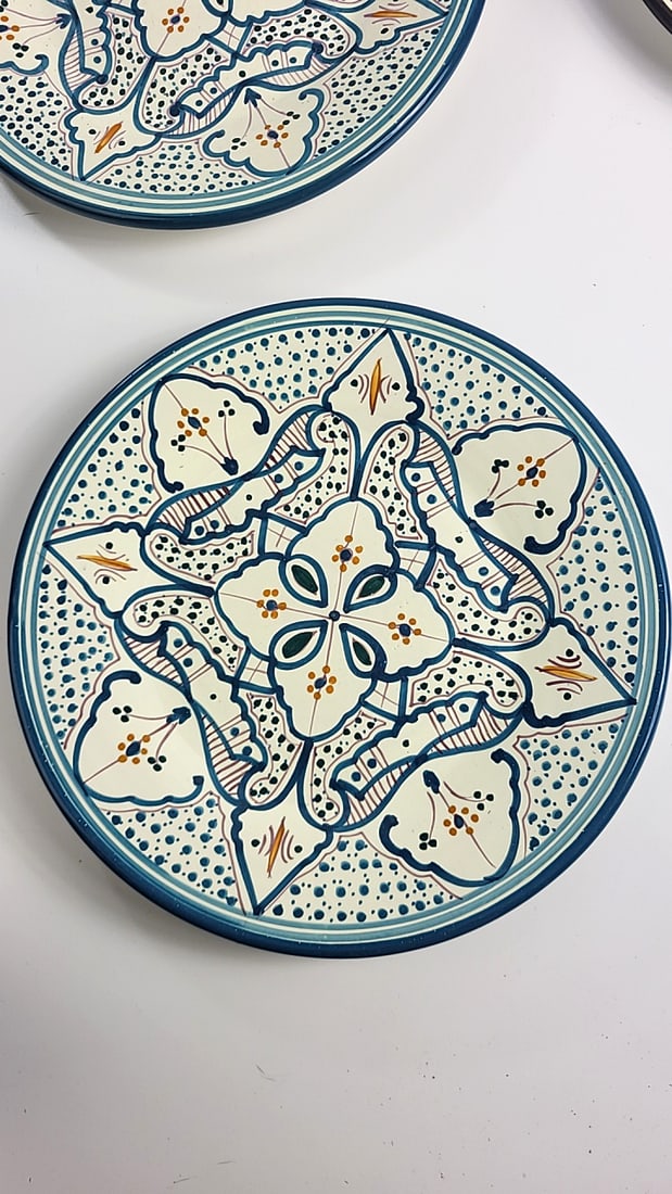 World Market Hand Painted Tunisia Ceramic Dinner Plates, Floral Geometric, Set of 4, 10.5 in - 7