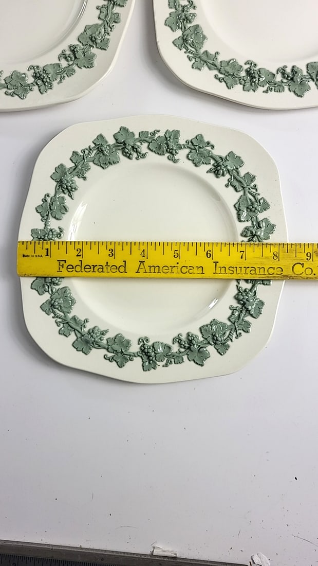 Set of 5 Wedgwood Embossed Queen's Ware Plates, Green Grapevine Border, 8 in - 2