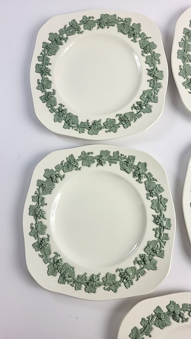 Set of 5 Wedgwood Embossed Queen's Ware Plates, Green Grapevine Border, 8 in - 5