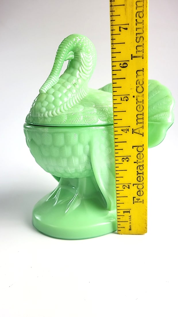Green Jadeite Milk Glass Turkey on Nest Covered Dish Pedestal Candy Bowl - 2