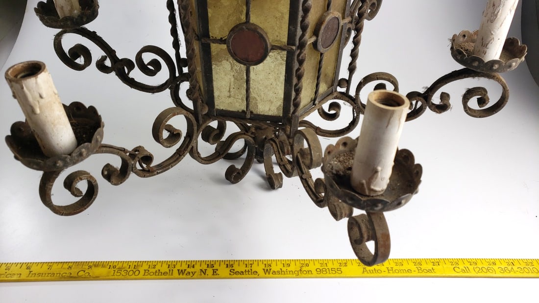 Wrought Iron Amber Stained Glass Lantern Chandelier with Scroll Arms, 5-Light - 2
