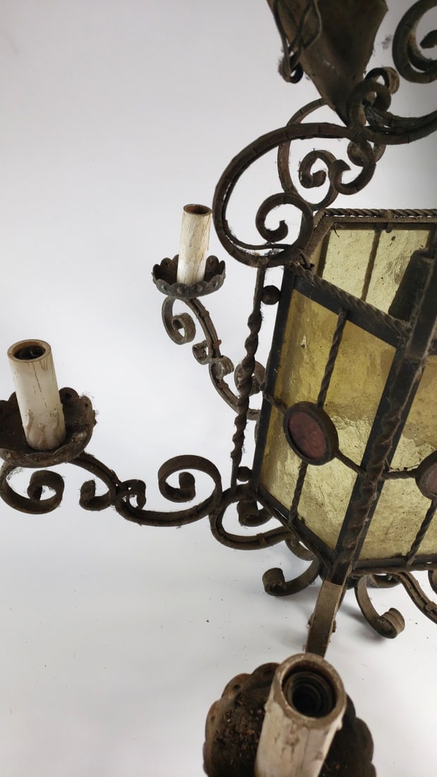 Wrought Iron Amber Stained Glass Lantern Chandelier with Scroll Arms, 5-Light - 7