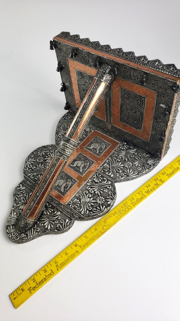 Ornate Silver-Tone Metal and Copper Adjustable Book Stand, Elephant Motifs - 2