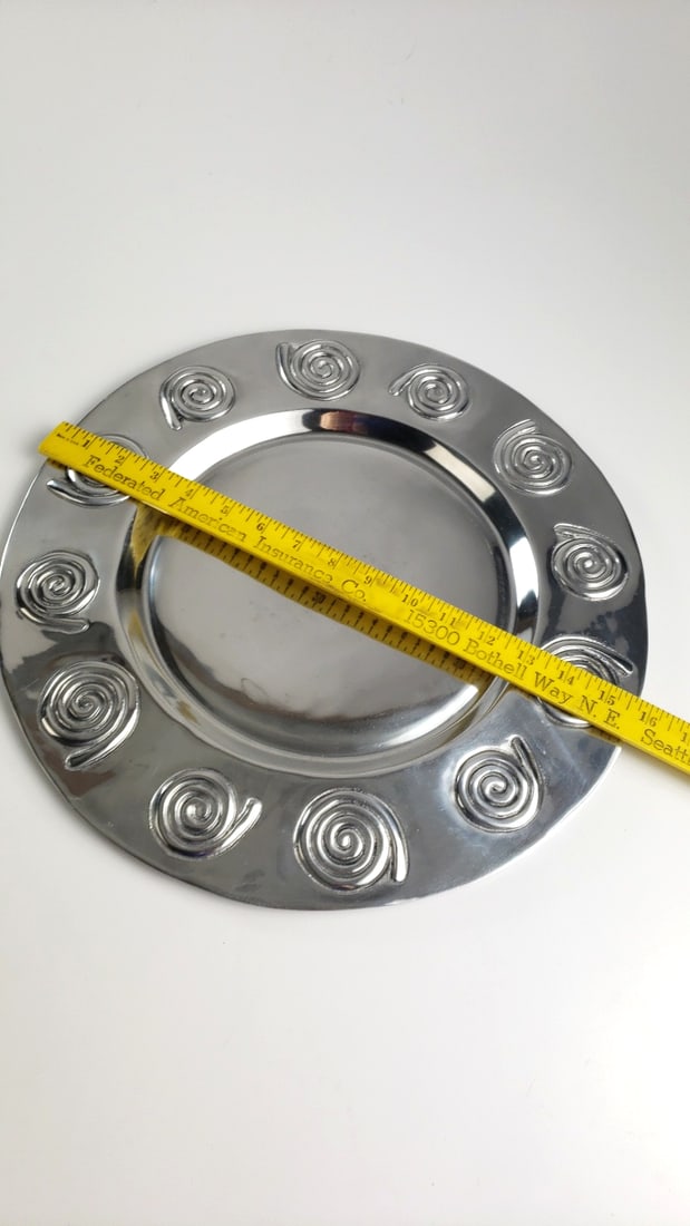 Old Town Imports Signed Silver-Tone Metal Charger Plate Raised Spiral Rim 15 in - 2