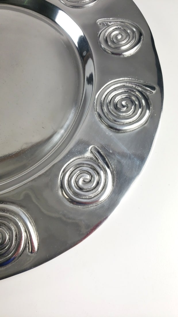 Old Town Imports Signed Silver-Tone Metal Charger Plate Raised Spiral Rim 15 in - 3