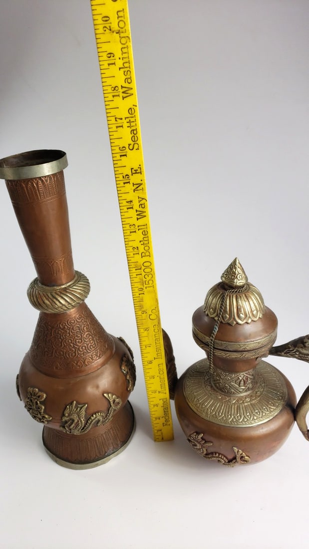 Ornate Tibetan Copper Brass Dragon Motif Tall Vase and Lidded Ewer Set - 2