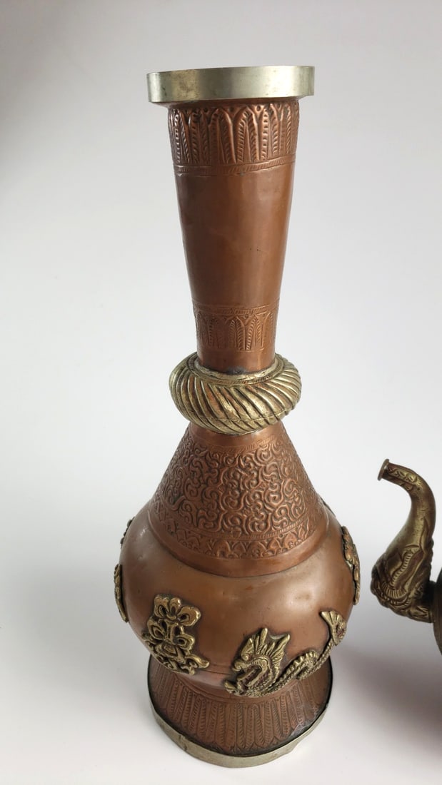 Ornate Tibetan Copper Brass Dragon Motif Tall Vase and Lidded Ewer Set - 3