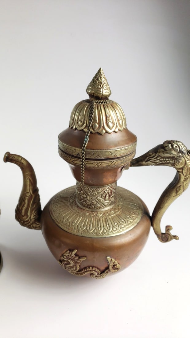 Ornate Tibetan Copper Brass Dragon Motif Tall Vase and Lidded Ewer Set - 4