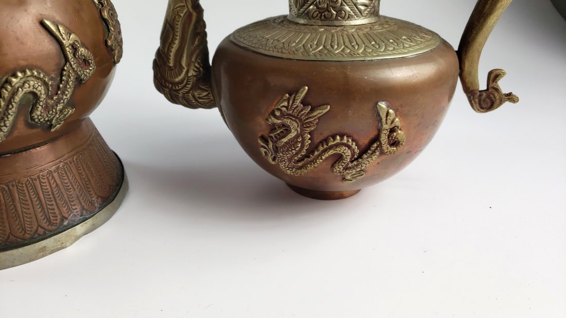 Ornate Tibetan Copper Brass Dragon Motif Tall Vase and Lidded Ewer Set - 5