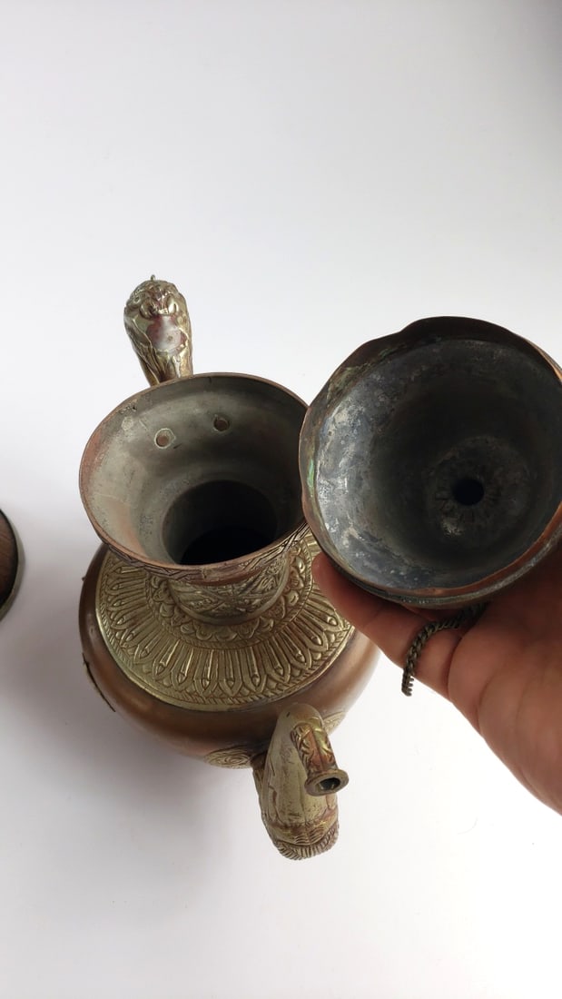 Ornate Tibetan Copper Brass Dragon Motif Tall Vase and Lidded Ewer Set - 7