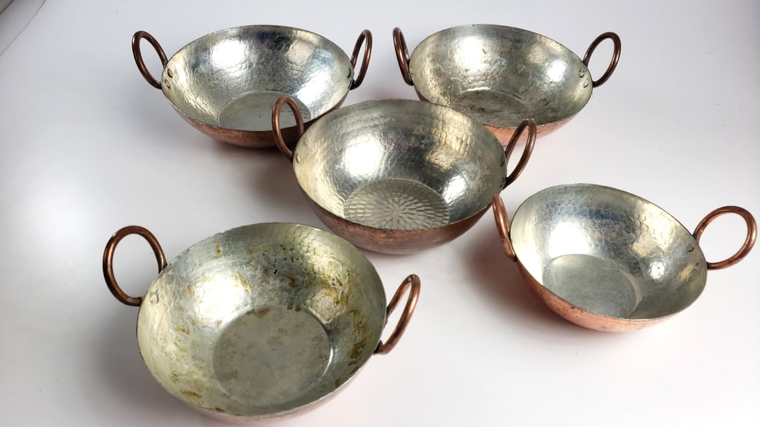 Set of 5 Hammered Copper Kadai Serving Bowls with Tin-Lined Interiors and Loop Handles - 2