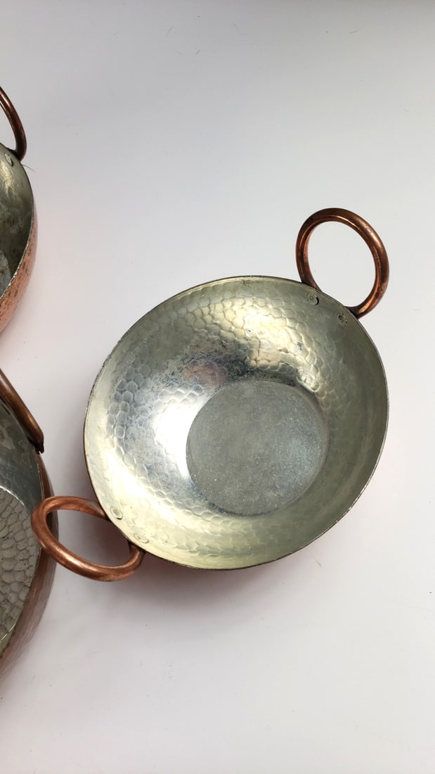 Set of 5 Hammered Copper Kadai Serving Bowls with Tin-Lined Interiors and Loop Handles - 3