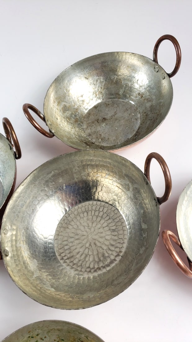 Set of 5 Hammered Copper Kadai Serving Bowls with Tin-Lined Interiors and Loop Handles - 4