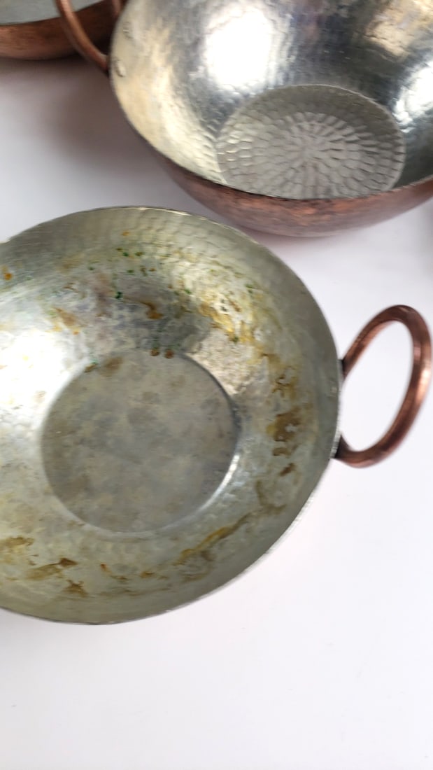 Set of 5 Hammered Copper Kadai Serving Bowls with Tin-Lined Interiors and Loop Handles - 5