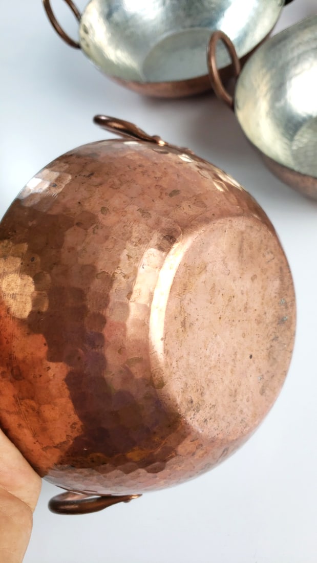 Set of 5 Hammered Copper Kadai Serving Bowls with Tin-Lined Interiors and Loop Handles - 6