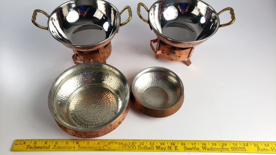 Copper Chafing Dish Set with Brass Handles, 2 Warmers and 2 Hammered Bowls - 2
