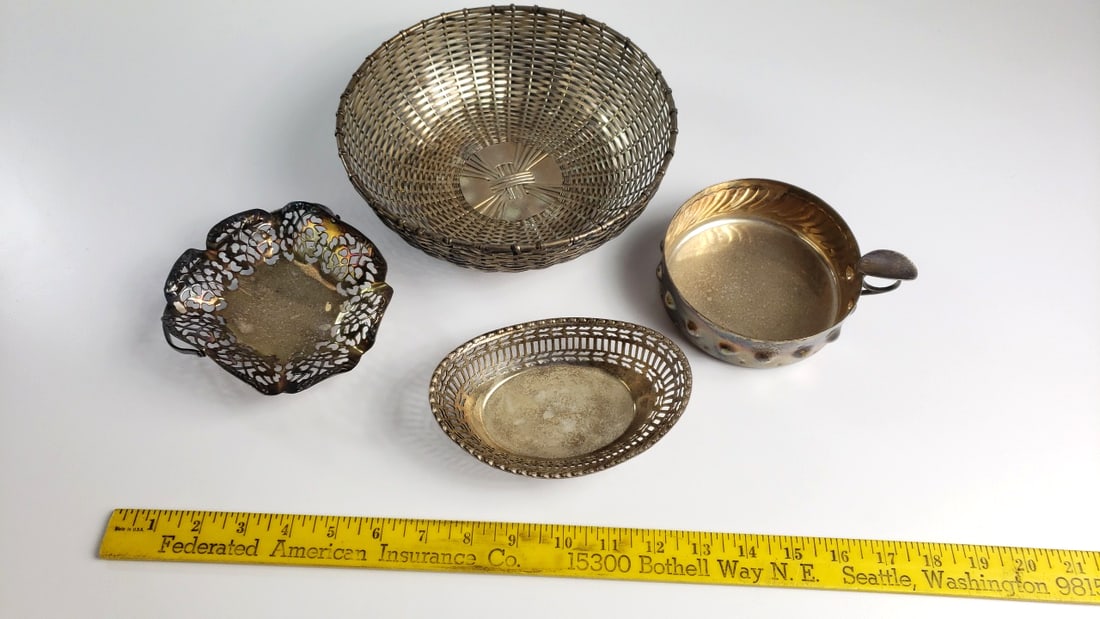 Lot of 4 Metal Decorative Baskets Bowls Woven Wire, Pierced - 2