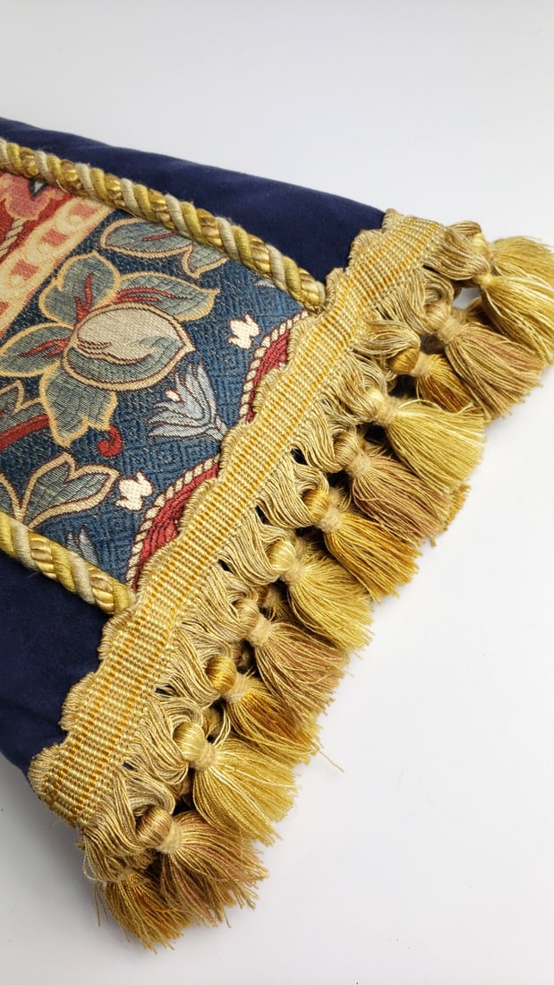 Navy Blue Velvet Tapestry Floral Pillow with Gold Tassel Fringe - 2