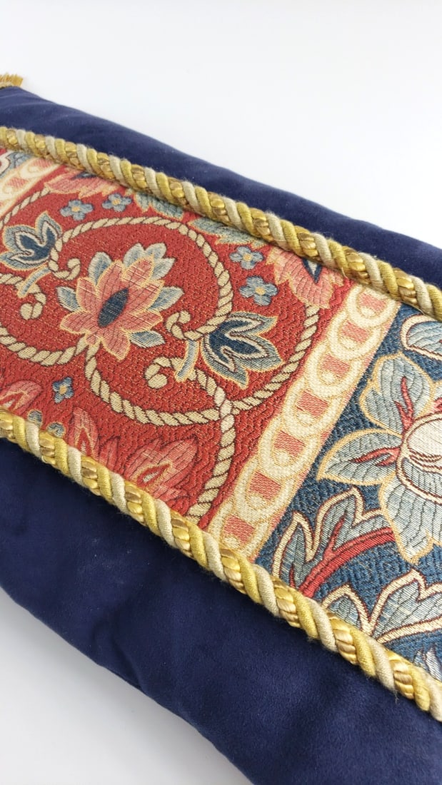 Navy Blue Velvet Tapestry Floral Pillow with Gold Tassel Fringe - 3
