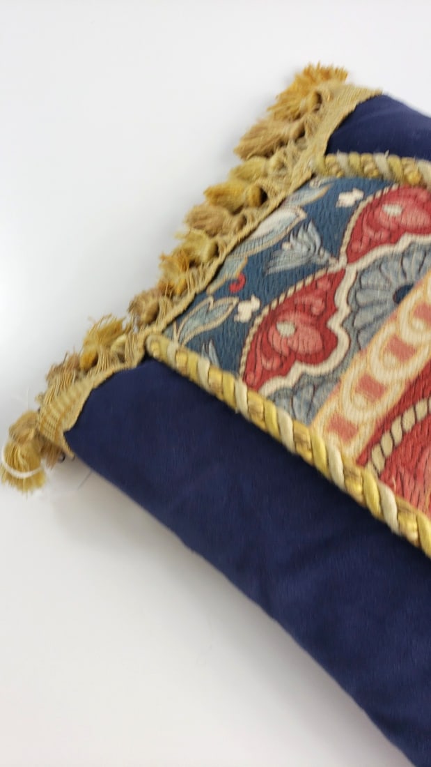 Navy Blue Velvet Tapestry Floral Pillow with Gold Tassel Fringe - 4