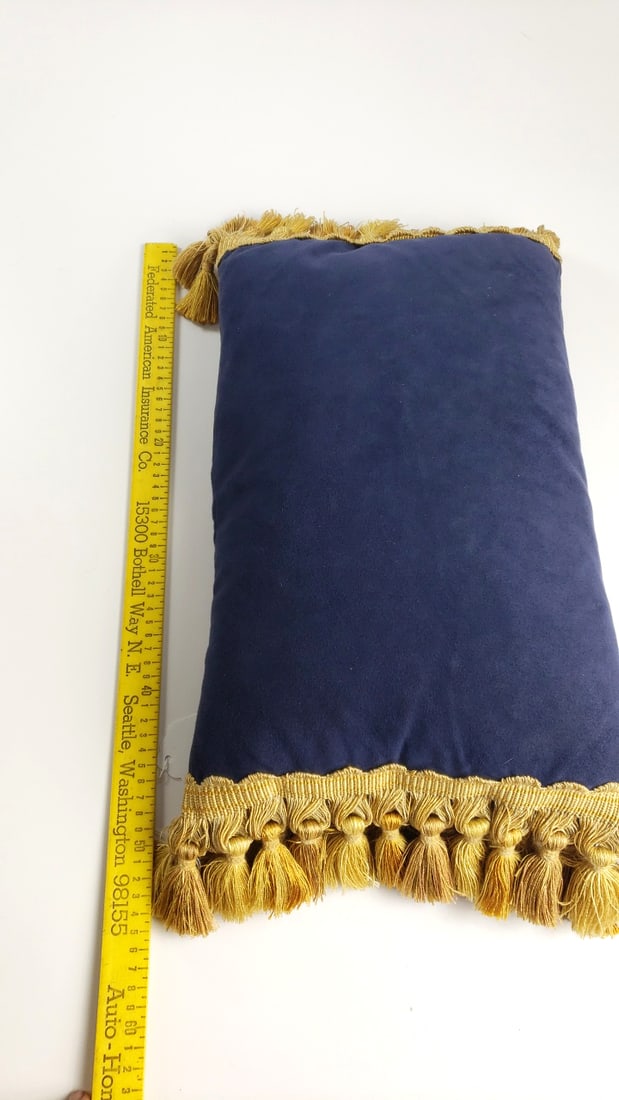 Navy Blue Velvet Tapestry Floral Pillow with Gold Tassel Fringe - 5