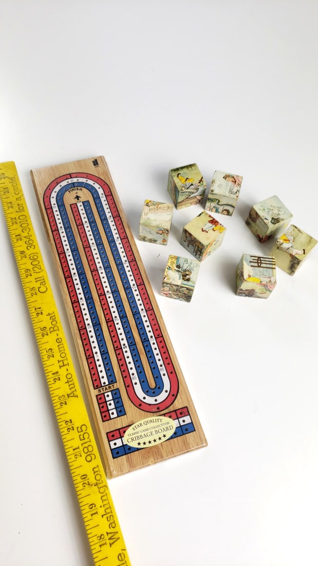 Hansen Wooden Cribbage Board 8 Vintage Illustrated Puzzle Blocks - 4