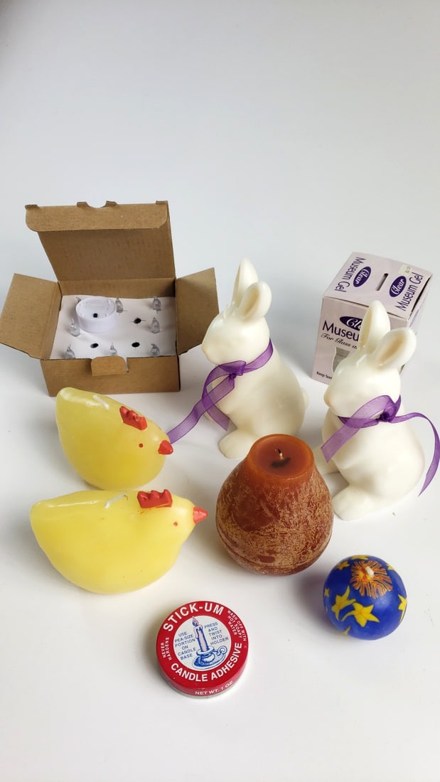 Easter Candle Lot: Bunny, Chick & Egg Candles with Stick-Um Adhesive and Clear Museum Gel (1 of 8)
