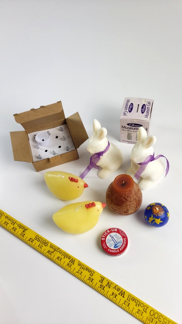 Easter Candle Lot: Bunny, Chick & Egg Candles with Stick-Um Adhesive and Clear Museum Gel - 2