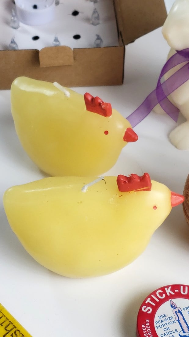 Easter Candle Lot: Bunny, Chick & Egg Candles with Stick-Um Adhesive and Clear Museum Gel - 4