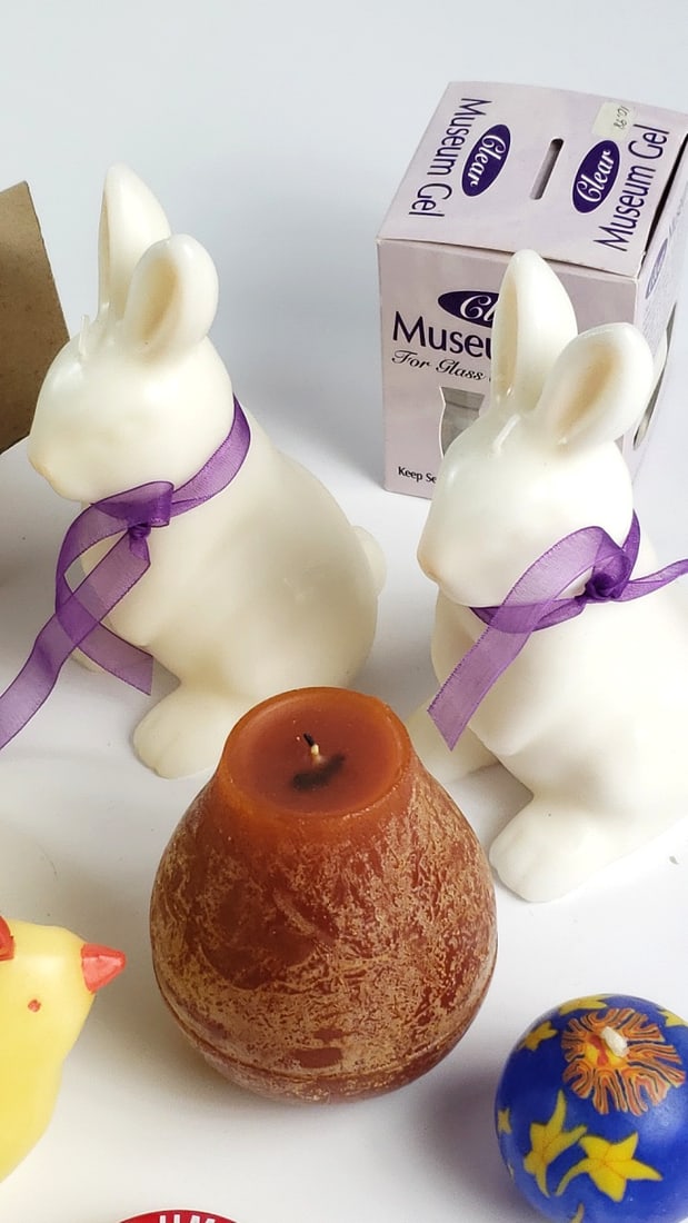 Easter Candle Lot: Bunny, Chick & Egg Candles with Stick-Um Adhesive and Clear Museum Gel - 5