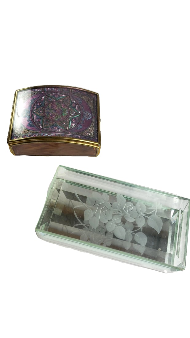 Via Vermont M. Lamont Brass Enamel Trinket Box & Etched Floral Glass Jewelry Box Lot: 5 x 2.5 x 2 5 lb Low Estimate: 20.00 High Estimate: 45.00