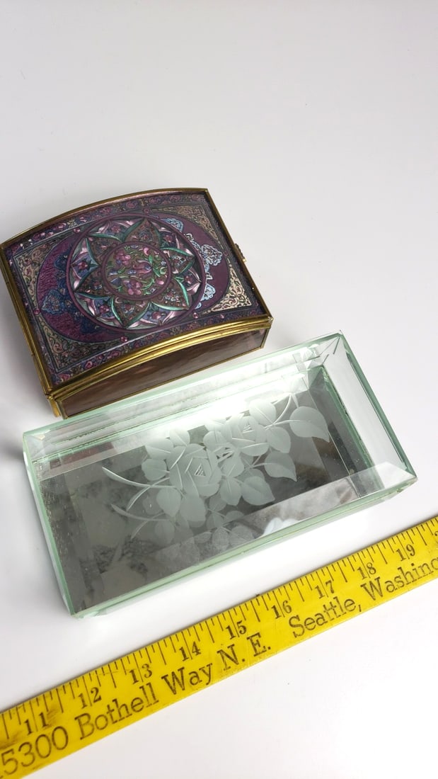 Via Vermont M. Lamont Brass Enamel Trinket Box & Etched Floral Glass Jewelry Box Lot - 5