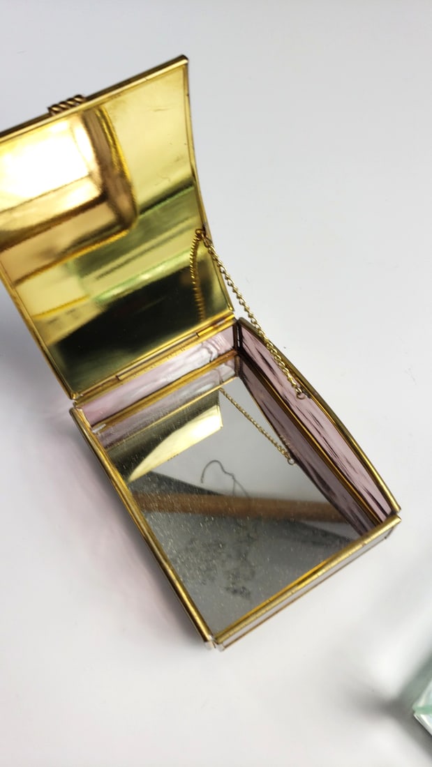 Via Vermont M. Lamont Brass Enamel Trinket Box & Etched Floral Glass Jewelry Box Lot - 7
