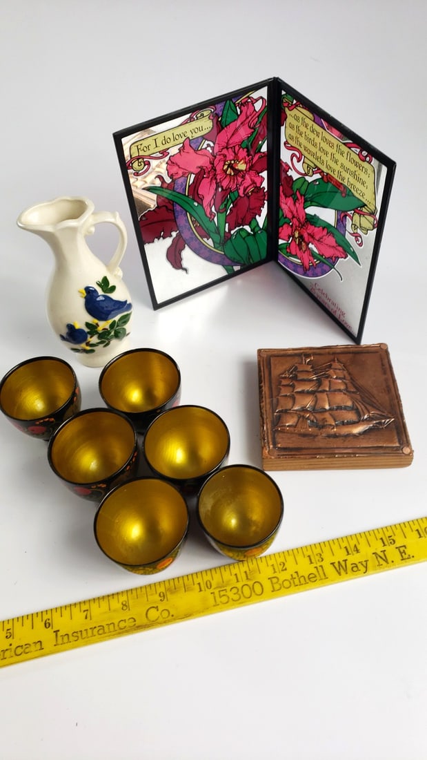 Decorative Lot: Khokhloma Cups, Bird Pitcher, Stained Glass Love Panel & Copper Ship Plaque - 3