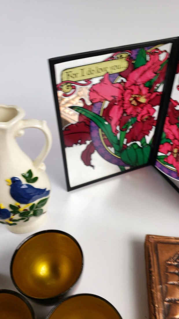 Decorative Lot: Khokhloma Cups, Bird Pitcher, Stained Glass Love Panel & Copper Ship Plaque - 6