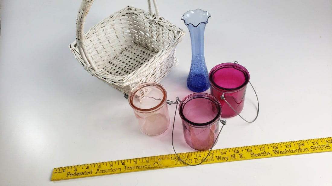 White Wicker Basket, Blue Glass Vase & 3 Pink Glass Hanging Candle Holders - 2