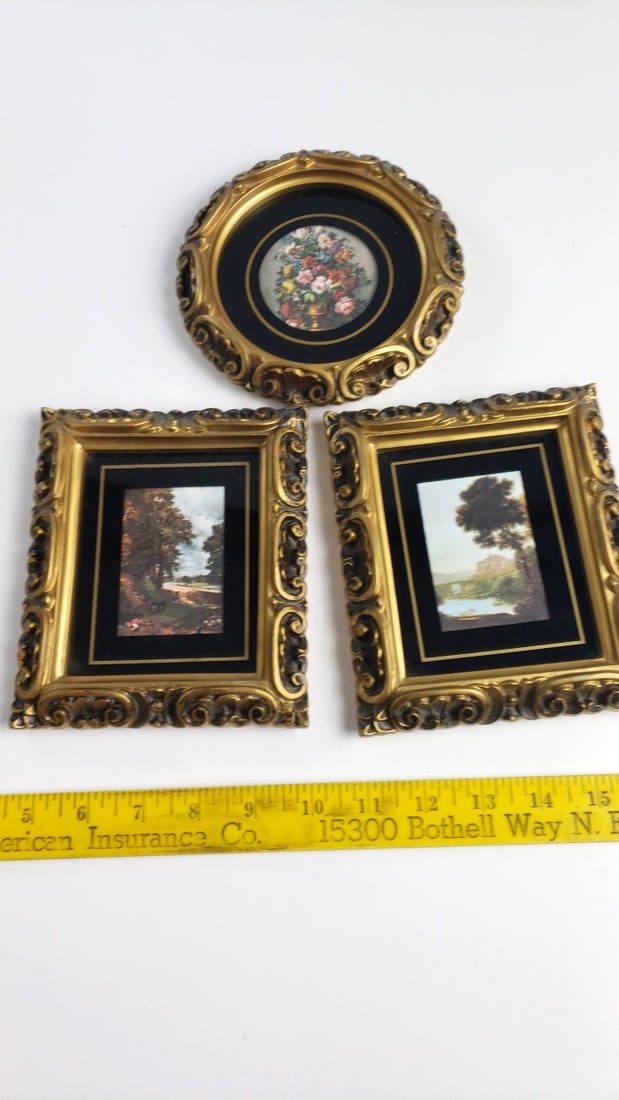 Set of 3 Ornate Gold-Tone Miniature Framed Prints, Floral & Landscape, Black Mat - 2