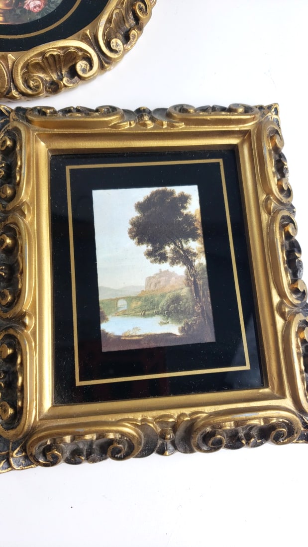Set of 3 Ornate Gold-Tone Miniature Framed Prints, Floral & Landscape, Black Mat - 3